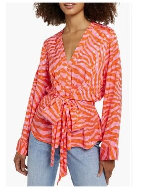 NWOT River Island Wrap Tie-Front Blouse in Pink and Orange Sz. 12